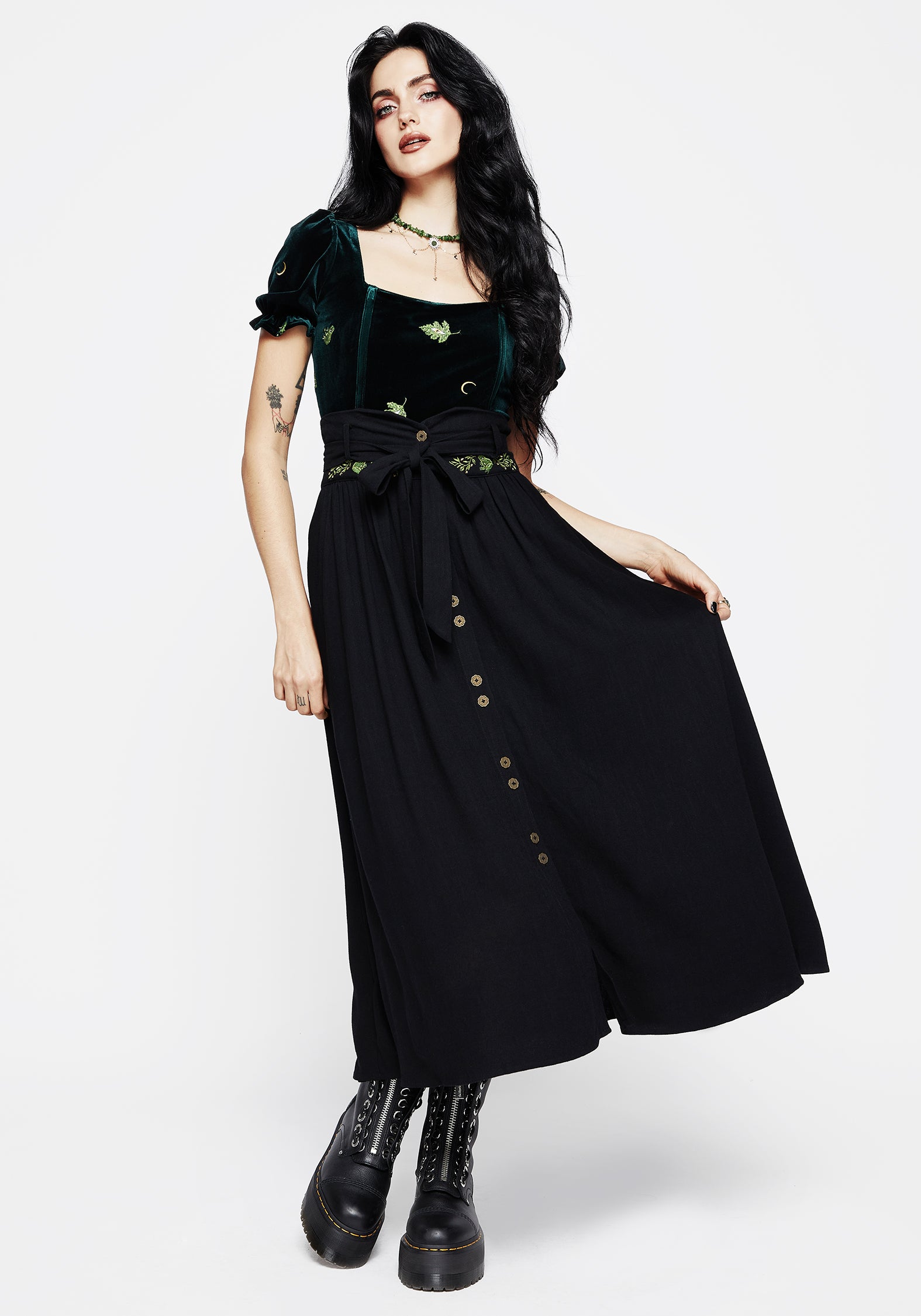 Swamplife Frog Embroidered Linen Blend High Waist Midaxi Skirt - Image 4